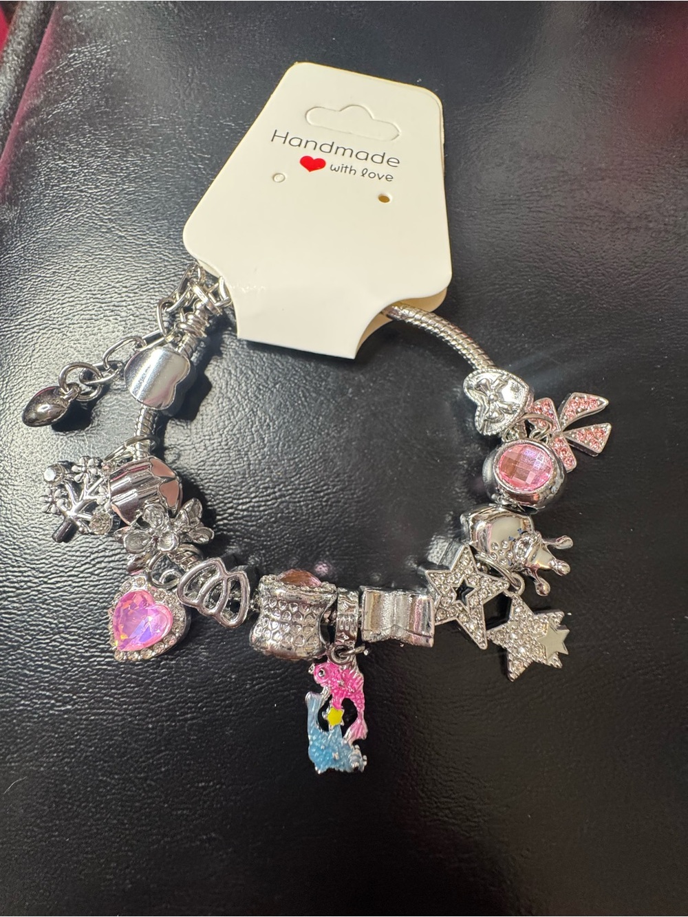 Handmade Silver Charm Bracelet with Pink Accents